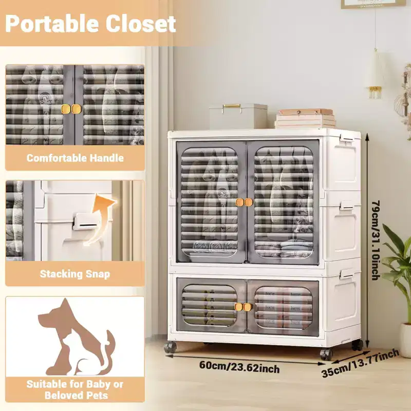 GustoWave Pet Wardrobe Closet, Stackable Storage Cabinet, Clothes Cabinet, Closet Organizers and Storage Containers with Doors,Wheels and Hanging Rods