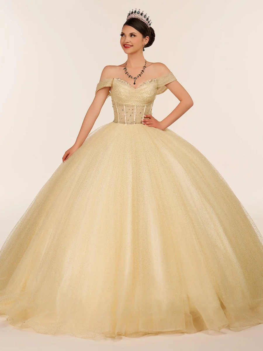 Yellow Ball Gown Tulle Off-the-Shoulder Quincenara Dresses