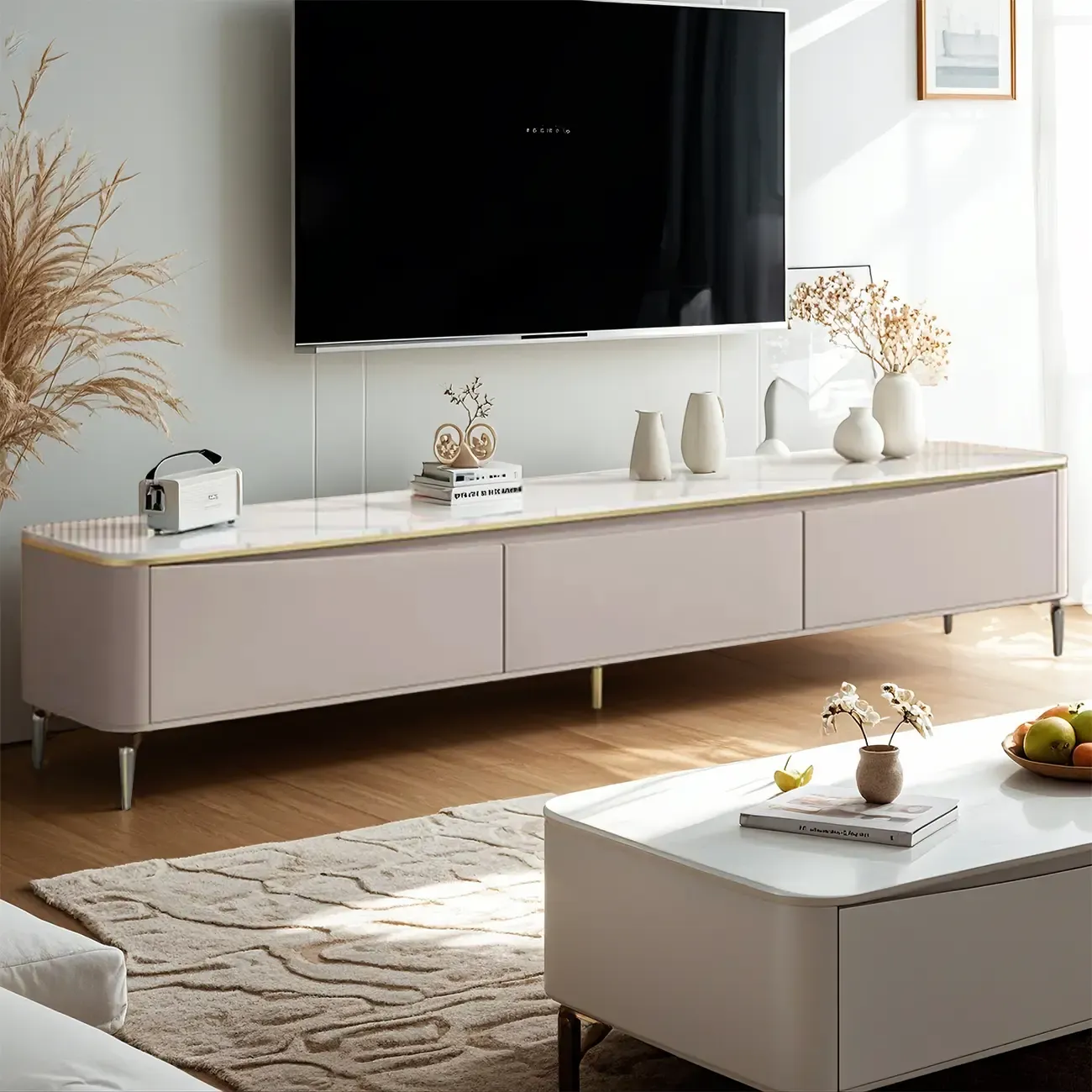 71 Modern White Stone Top TV Stand with Cable Management