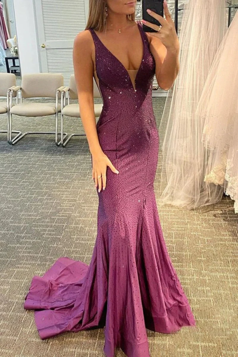 Mermaid V-neck Beaded Mermaid Prom Dress