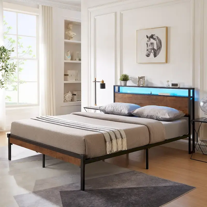 King, Black Brown, Metal Platform Bed with Wooden Headboard & LED Lights
