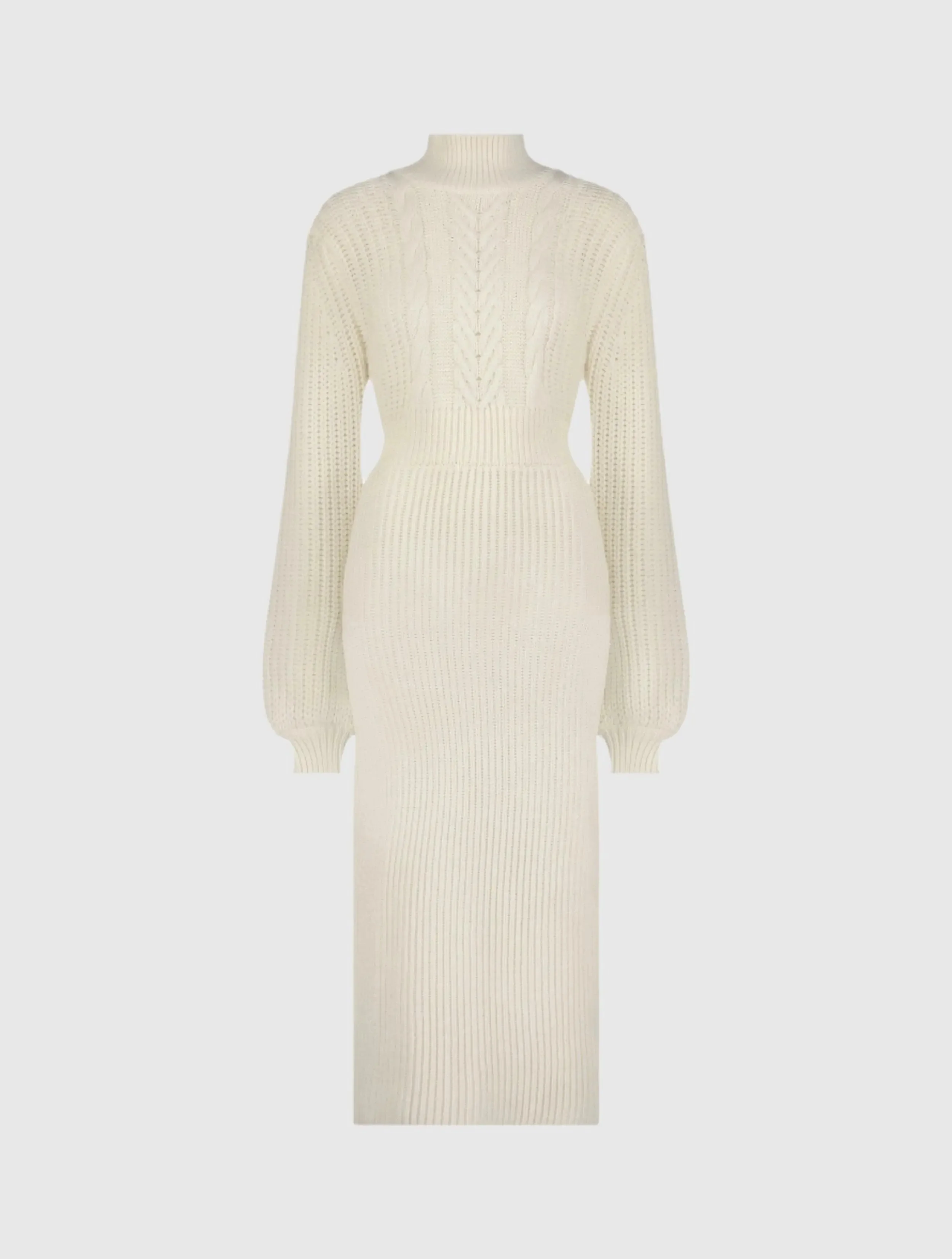 White Long Sleeve Turtle Neck Knit Midi Dress