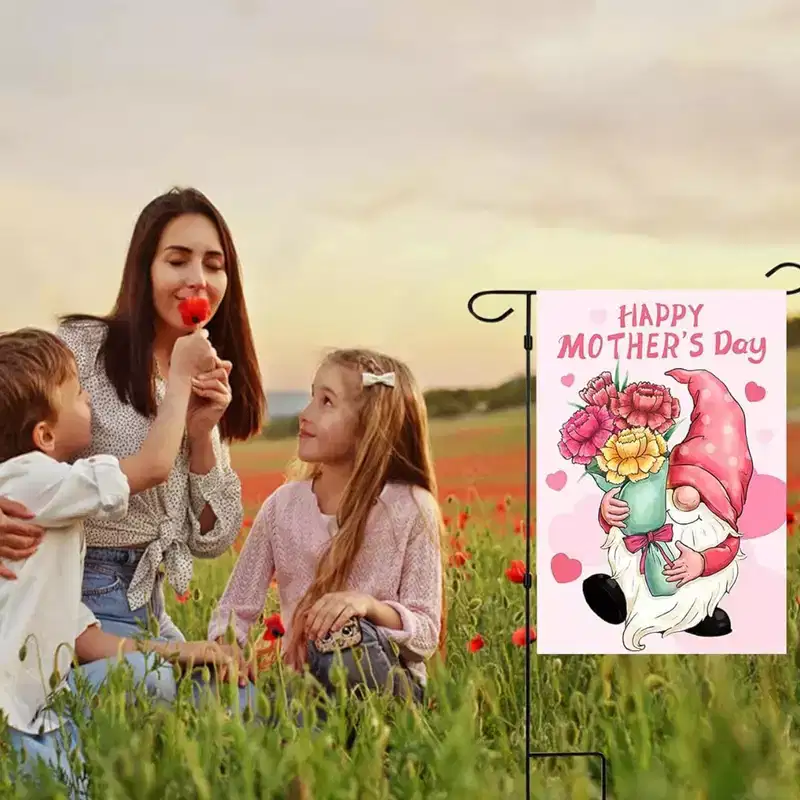 Lomsoe Happy Mother's Day Garden Flag Gnome with Love Heart Welcome Yard Flag Holiday Yard Outdoor Sign Mother's Day Decor Gift 12x18 Inch