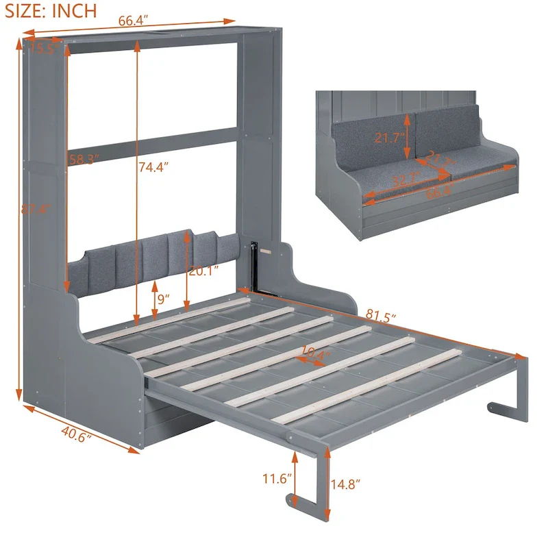 Murphy Wall Bed with Cushion, Single, Grey / Espresso / White