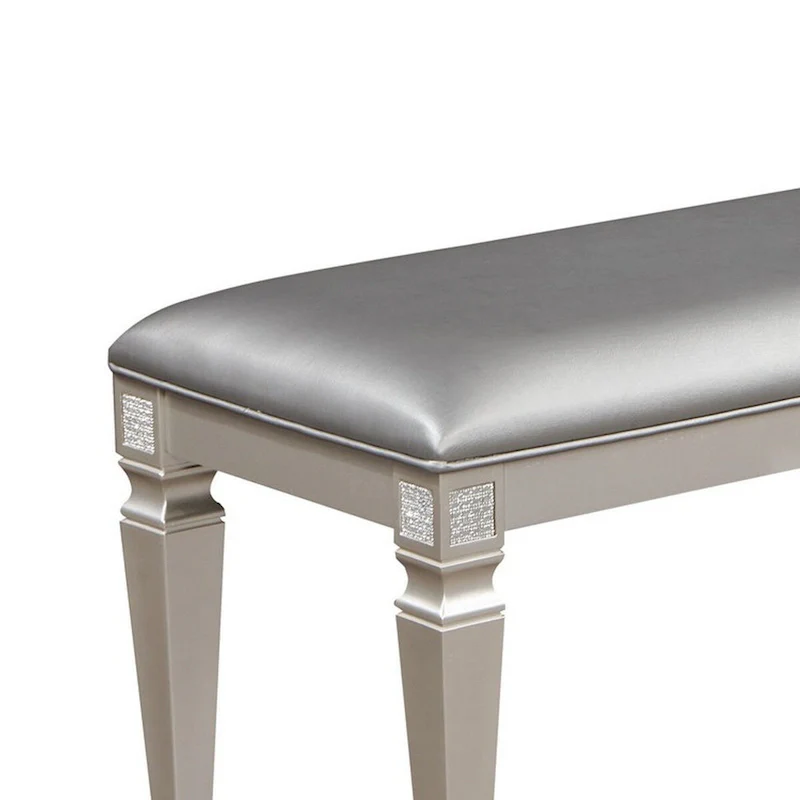 60 Inch Dining Bench Silver Gray Faux Leather Upholstered Metallic Taupe Wood Frame Contemporary Style