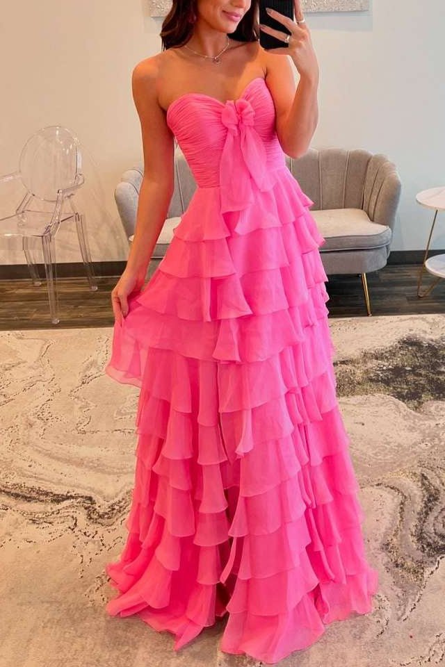Chiffon Fuchsia Sweetheart Tiered Ruffles Prom Dress with Slit