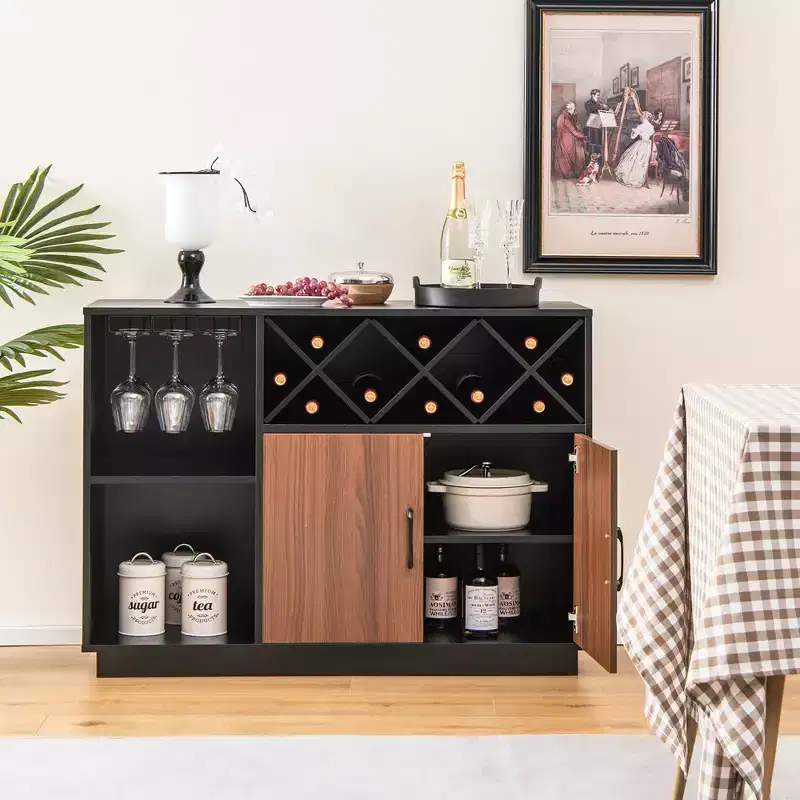 Industrial Wine Bar Cabinet Sideboard Buffet with Glass Holder & Adjustable Shelf, 45.5