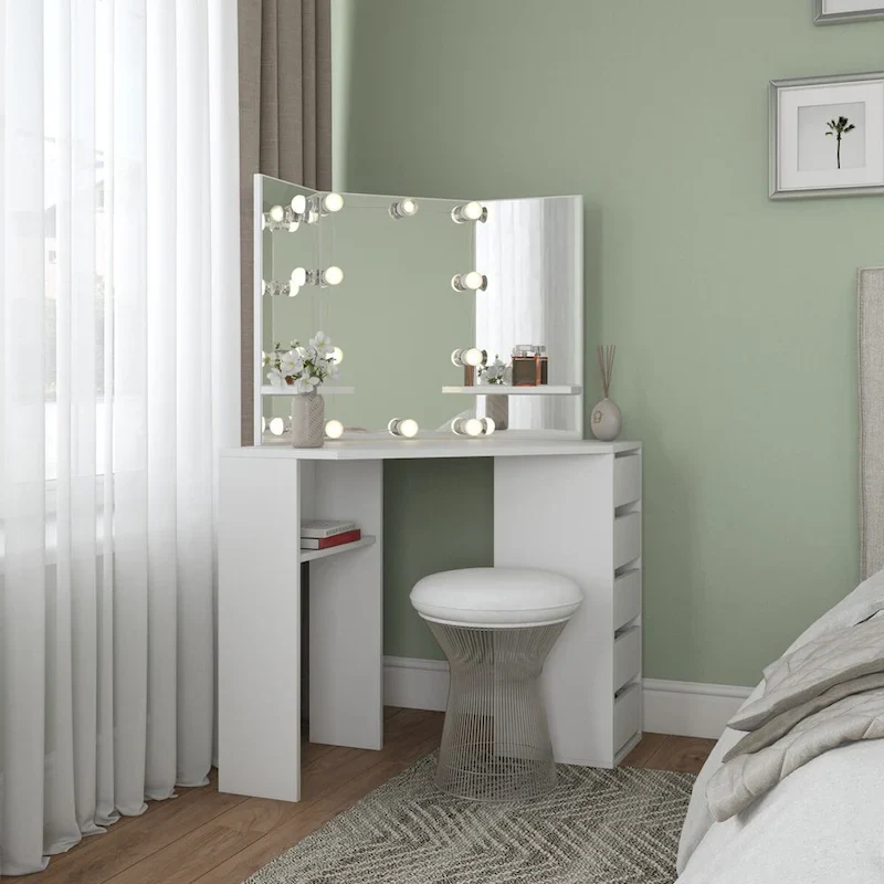 White High Gloss MDF Corner Makeup Vanity Desk with 10 LED Lights, 3-Panel Mirror & 5 Drawers – Single