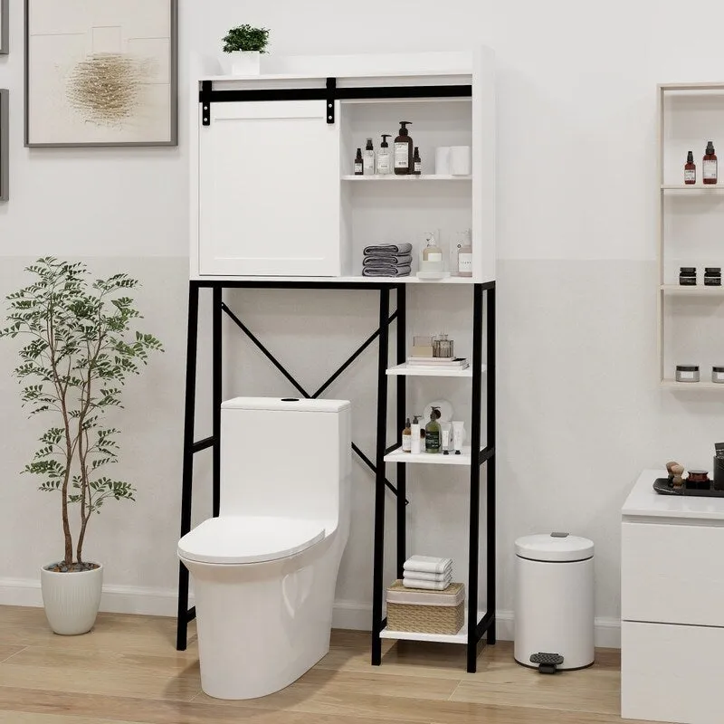 Mid-Century Modern Barn Door Over-the-Toilet Bathroom Storage Cabinet