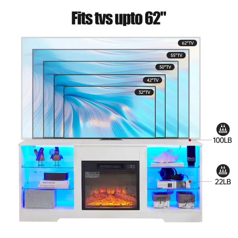58W Fireplace TV Stand with 18 Fireplace, LED Light, USB Outlet - 58W*15.5D*24.4H