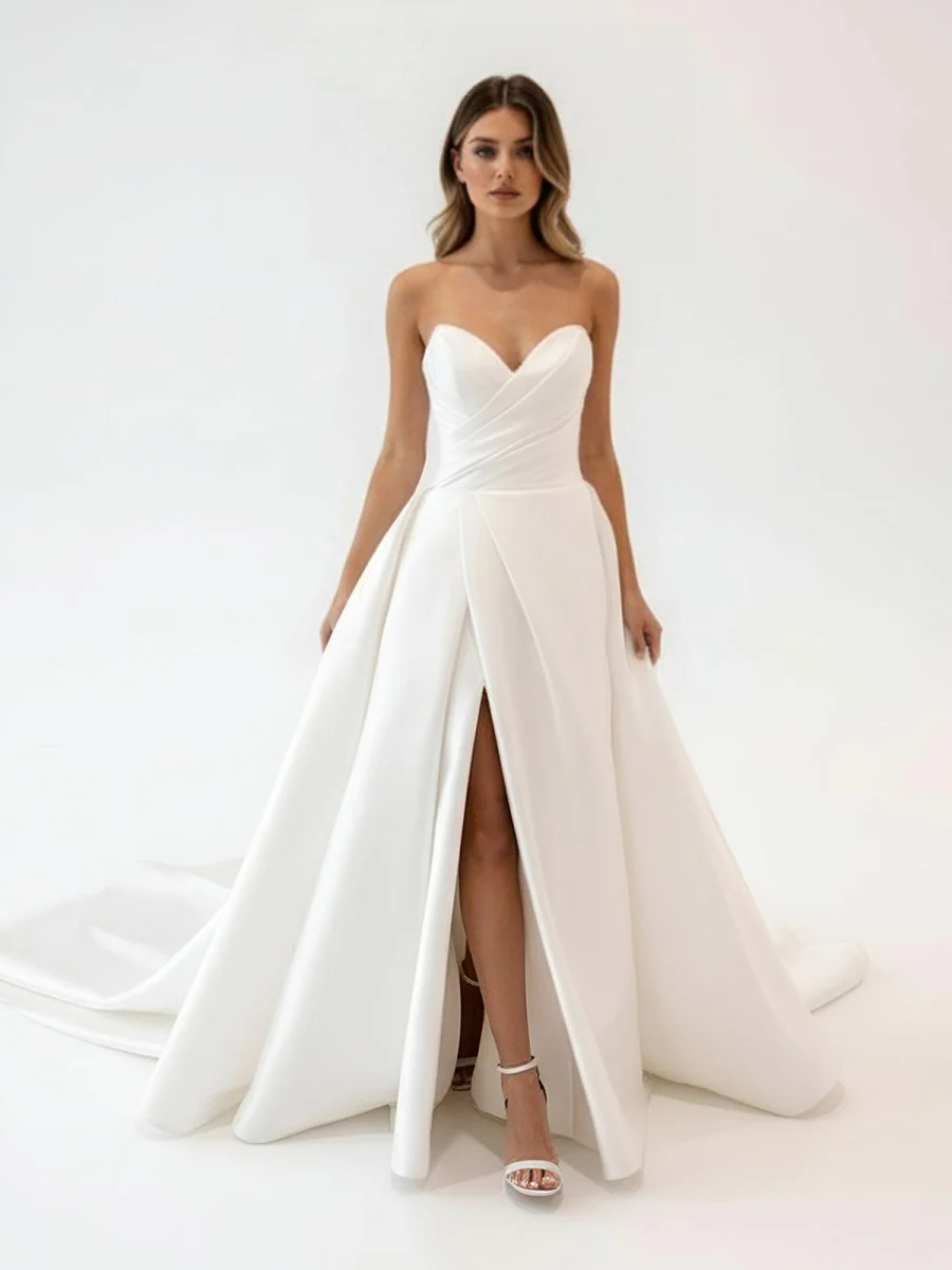 White Satin Long A-Line Wedding Dress with Slit
