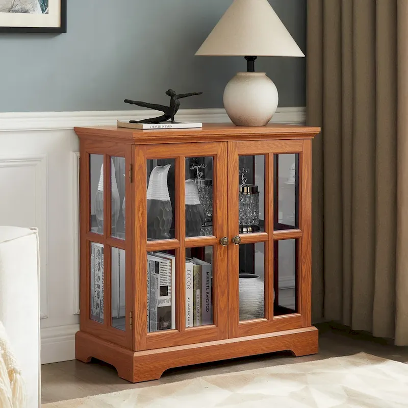 LED Glass Antique Curio Display Cabinet Showcase with Lattice Doors