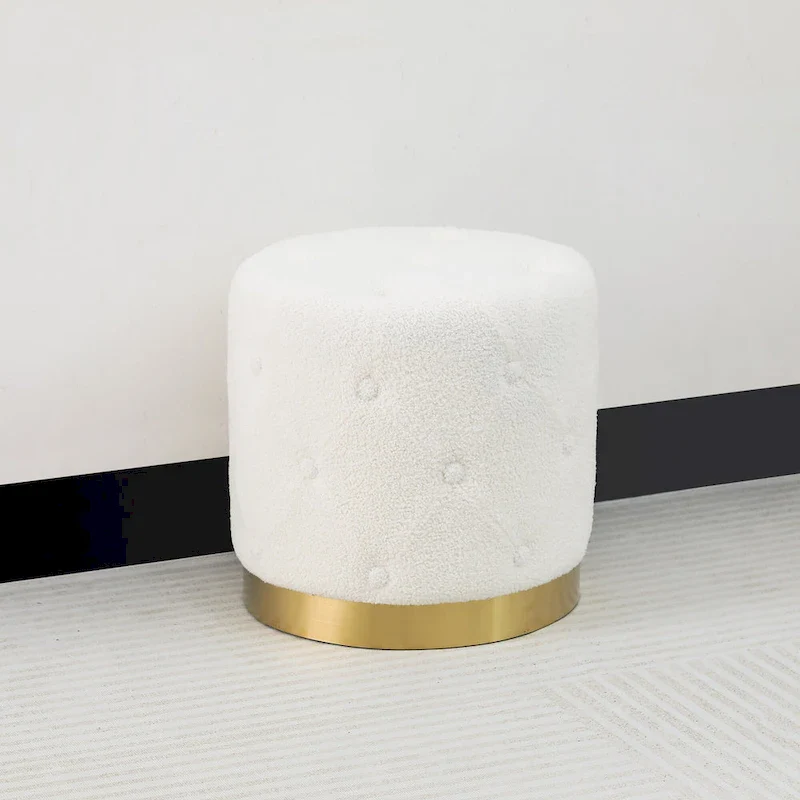 Adeco Round Velvet Ottoman Vanity Footrest Stool Gold Plating Base