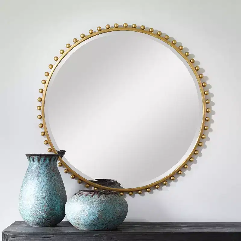 Uttermost Round Vanity Decorative Wall Mirror Modern Beveled Gold Leaf Iron Frame 32 Wide for Bathroom Bedroom Living Room Home