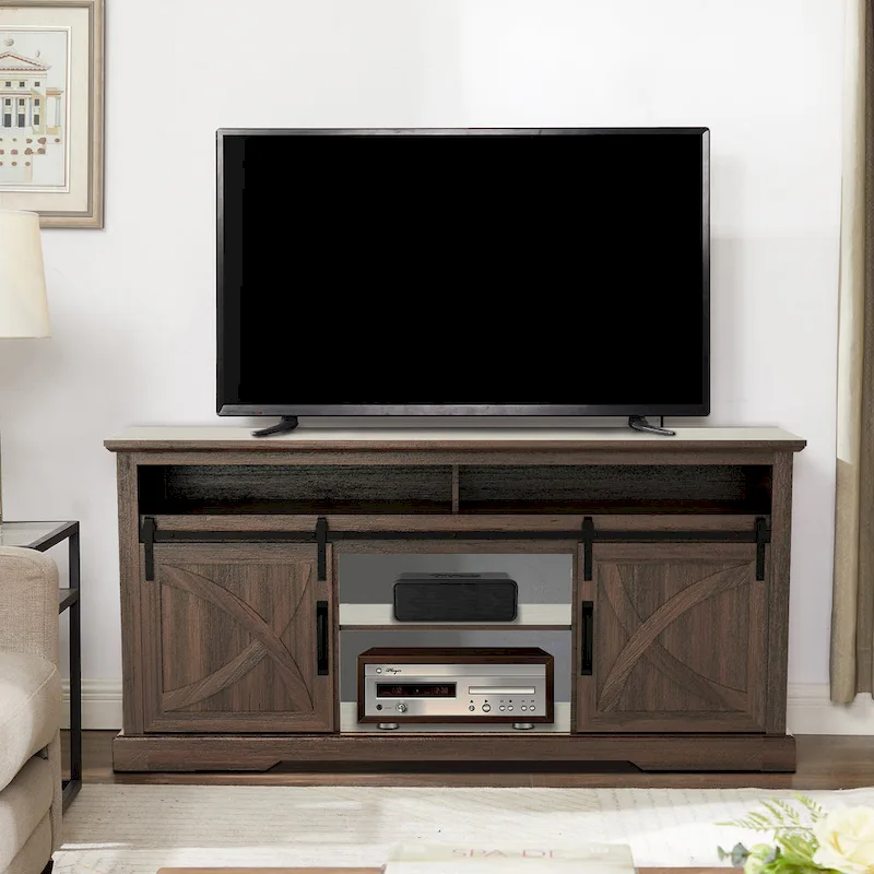 68  Walnut Sliding Barn Door TV Stand Console with Storage Open Compartment