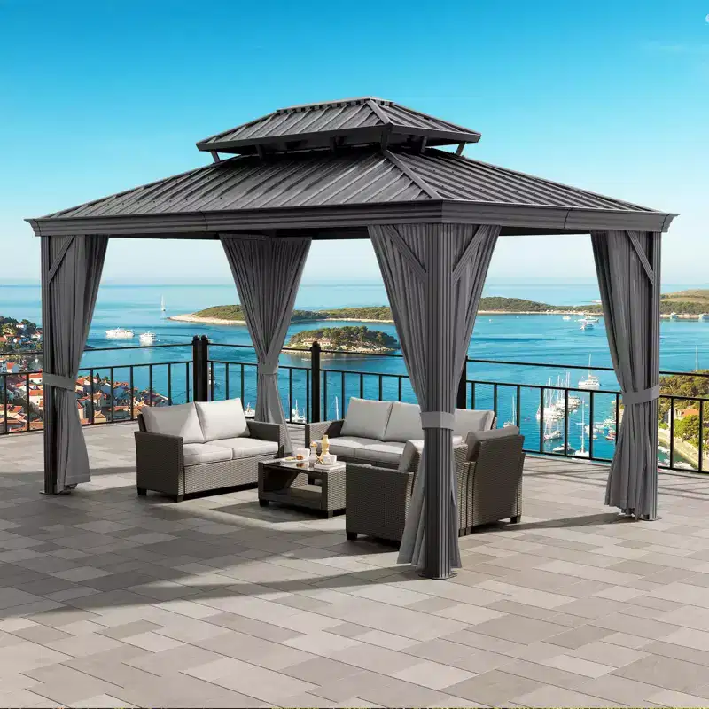 20 x 12 ft Aluminum Hardtop Gazebo with Curtains and Netting - Permanent Outdoor Pavilion for Backyard - Grey