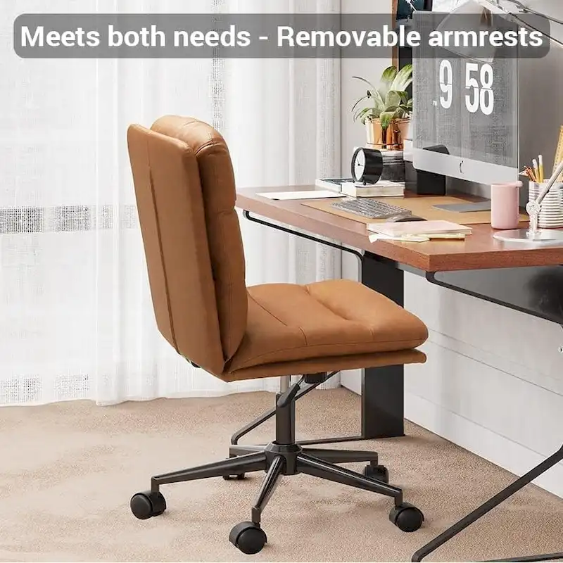 Brown Mid-Century Modern Leather Office Chair with Removable Arms & Reclining Back - Single Use