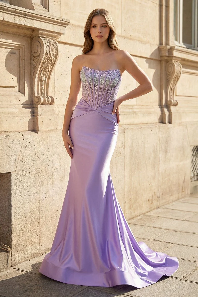 Purple Strapless Mermaid Satin Long Prom Dress With Beading