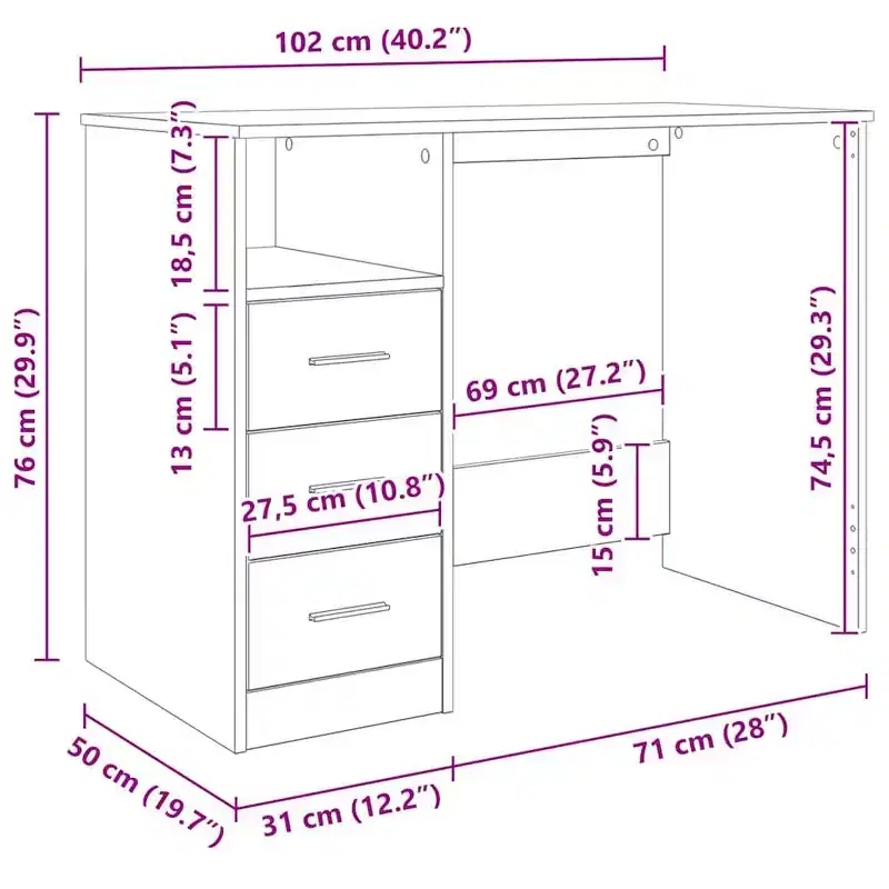 vidaXL Desk White Engineered wood 40.2 in x 19.7 in x 29.9 in Desk