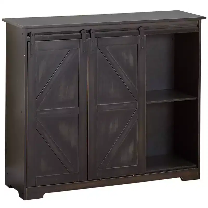 The Lakeside Collection Distressed Sideboard Buffet Cabinet with Sliding Rail Barn Doors