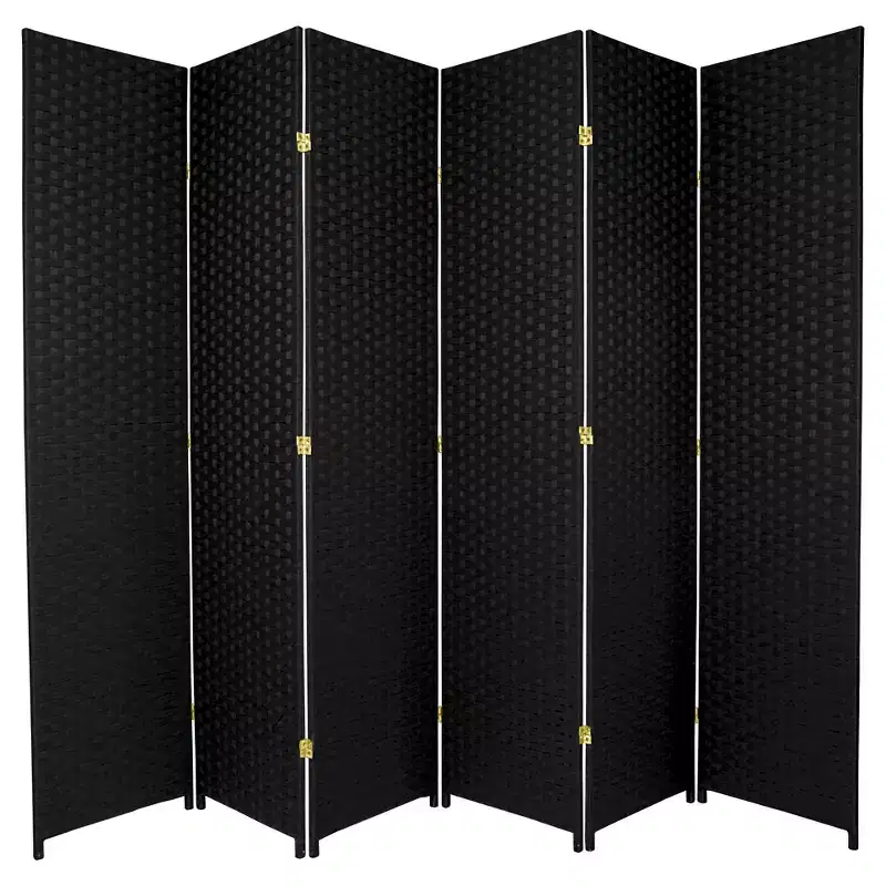 7 ft. Tall Woven Fiber Room Divider - Black (6 Panels): Oriental Furniture, Privacy Screen, Hardwood Frame