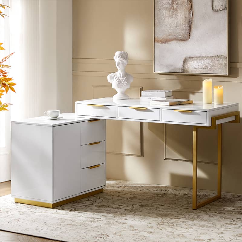 Modern Office Desk with 6 Drawers, Configurable Cabinet, Built-in Cable Management & Power Outlet | White | Single