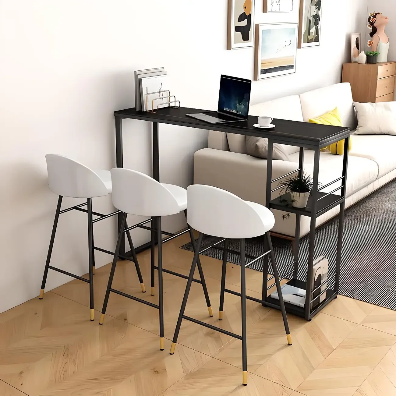 Modern Stone Top Metal 2-Shelf Bar Table for Kitchen Pub