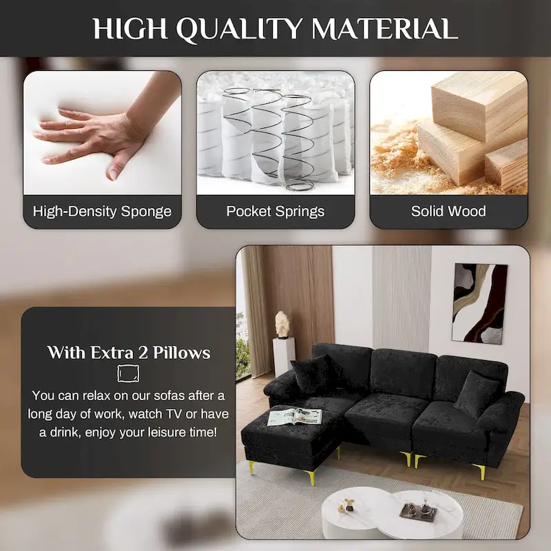 Upholstered Velvet Sectional Sofa with Pillows & Ottoman