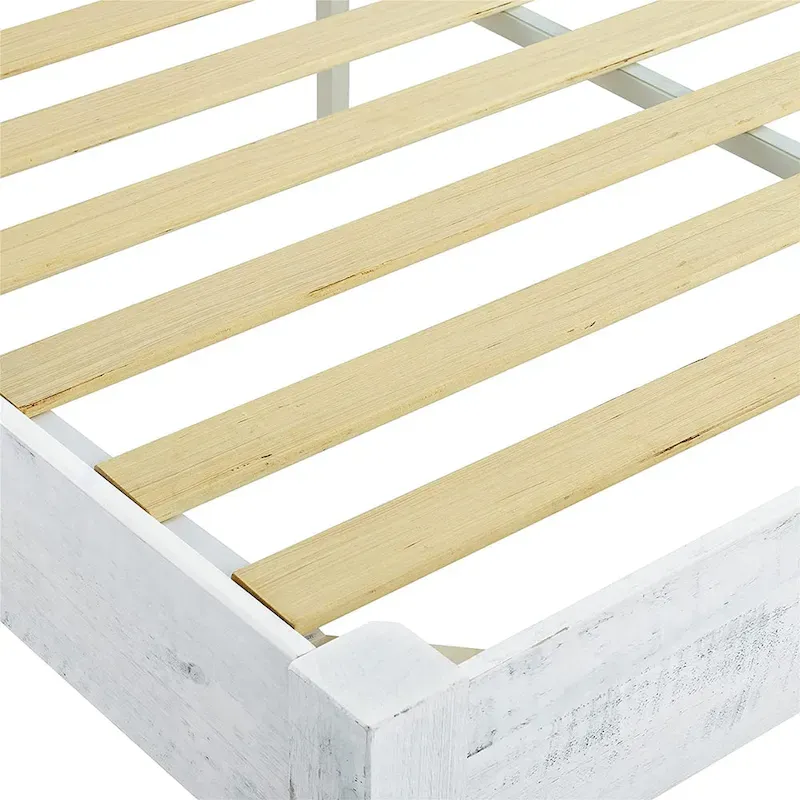 Whitewashed King Solid Pine Wood Platform Bed Frame, 2-Person