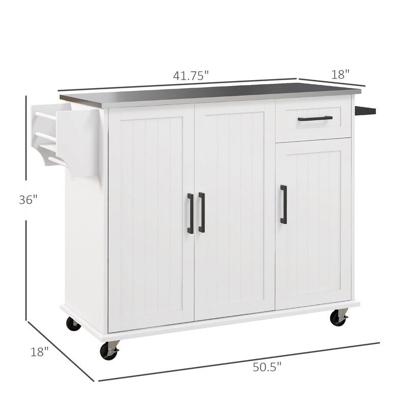 50.5Kitchen Island Rolling Kitchen Cart on Wheels with Drawer,3 Cabinets,Stainless Steel Countertop,Spice Rack and Towel Rack
