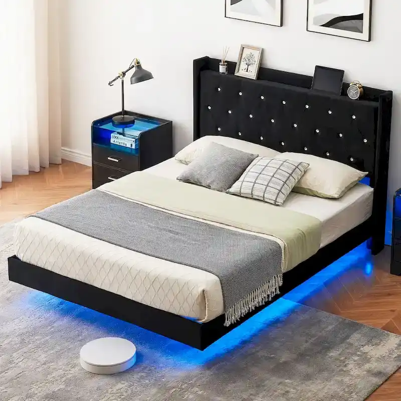 Upholstered Platform Bed Frame with LED Lights