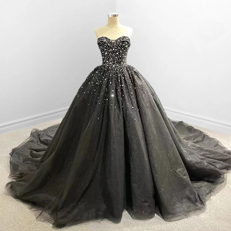 Black Sweetheart Tulle Quinceanera Dresses With Beadings