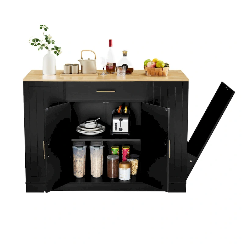 Kitchen Island with Tilt Out Trash Can Holder, Mobile Islands Table with Drawer, Adjustable Shelves & 3 Layer Open Side Racks