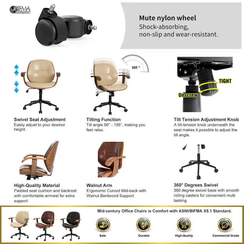 PU Leather Swivel Office Chair with Bamboo Armrests – Cocoa / Brown / Black, Mid-Back, Single User