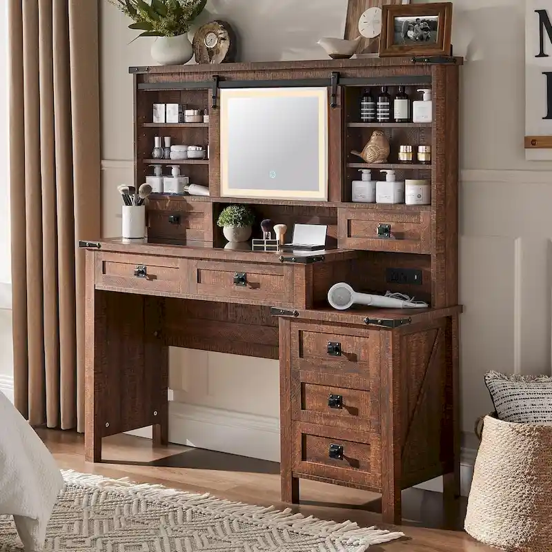 Farmhouse Makeup Vanity Desk with Mirror & Lights, Rustic Vanity Table