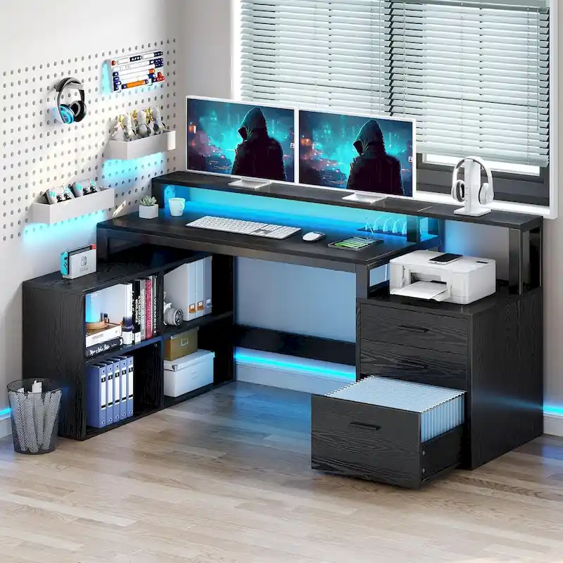 L-Shaped Corner Desk with LED Strips, Charging Station & Storage – White / Oak / Charcoal Grey / Black – 1 Person