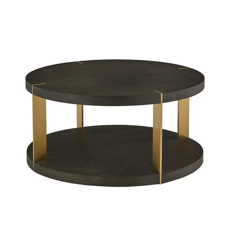 Gold Metal Dark Brown Faux Shagreen Round Table