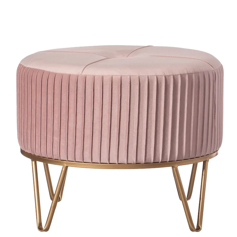 Round Velvet Ottoman Stool Raised with Hairpin Gold Base