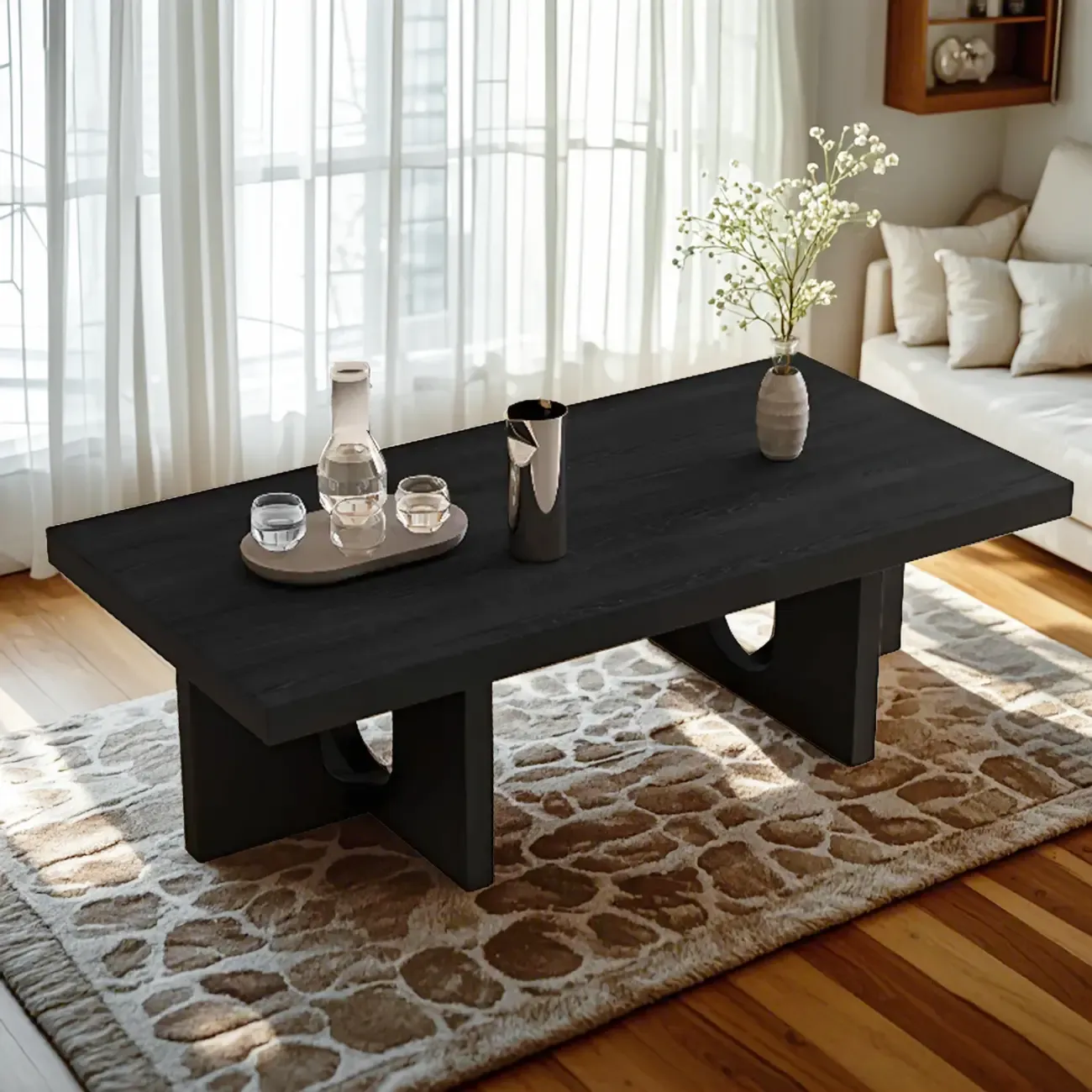 Minimalist Black Wood Rectangular Coffee Table for Living Room