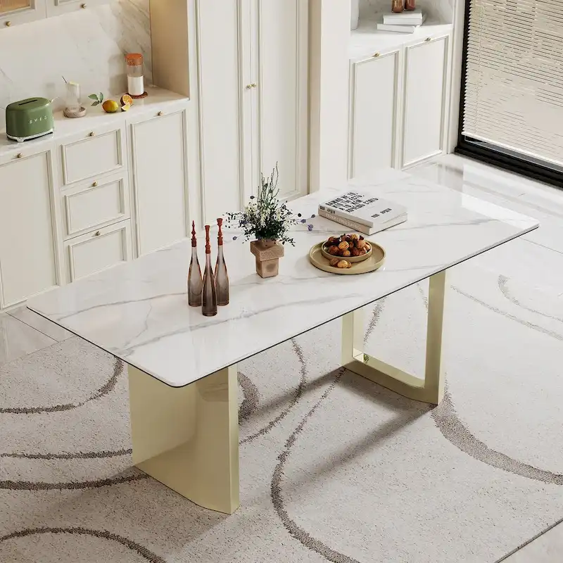 0.47 Thick Sintered Stone Composite Tempered Glass Top Rectangular Dining Table with Stainless Steel Base