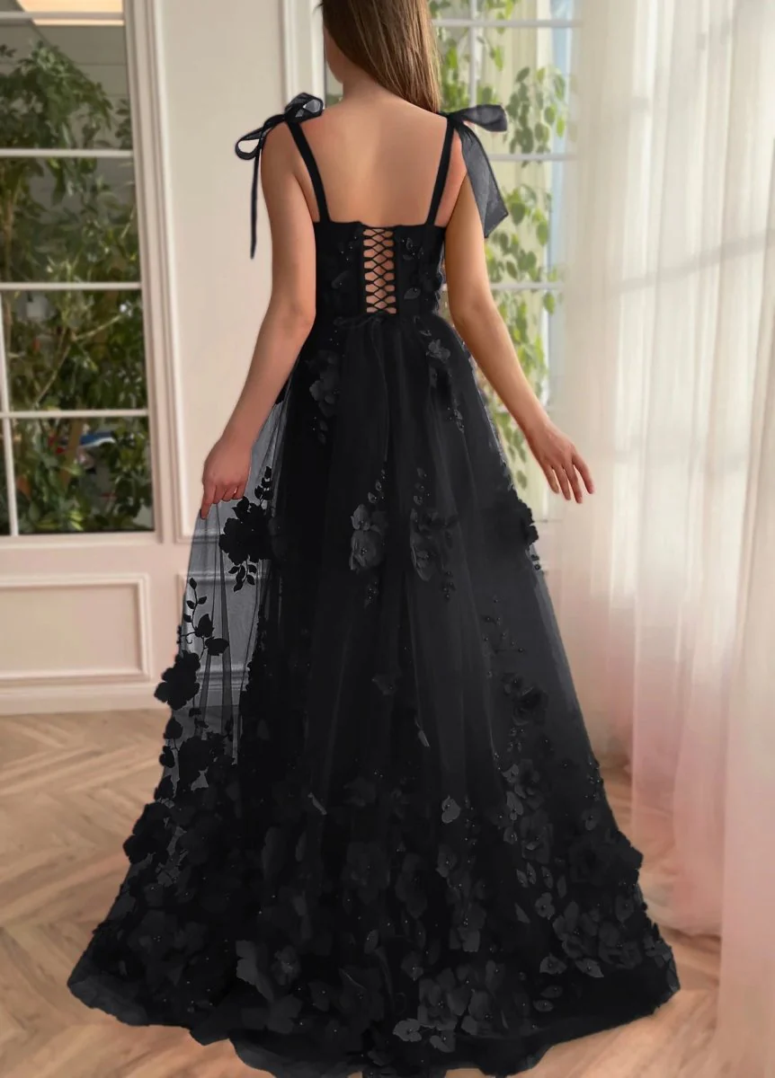 Scarlet Tulle A-line 3D Flower Long Prom Dress With Slit