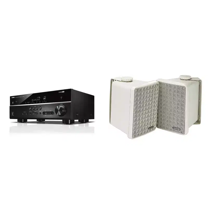 Yamaha RX-V385 5.1 Channel 4K AV Receiver w/ Kicker KB6G 2-Way Full Range Indoor Outdoor Speakers (Pair) Weatherproof Speakers for Patio Garage Poo...