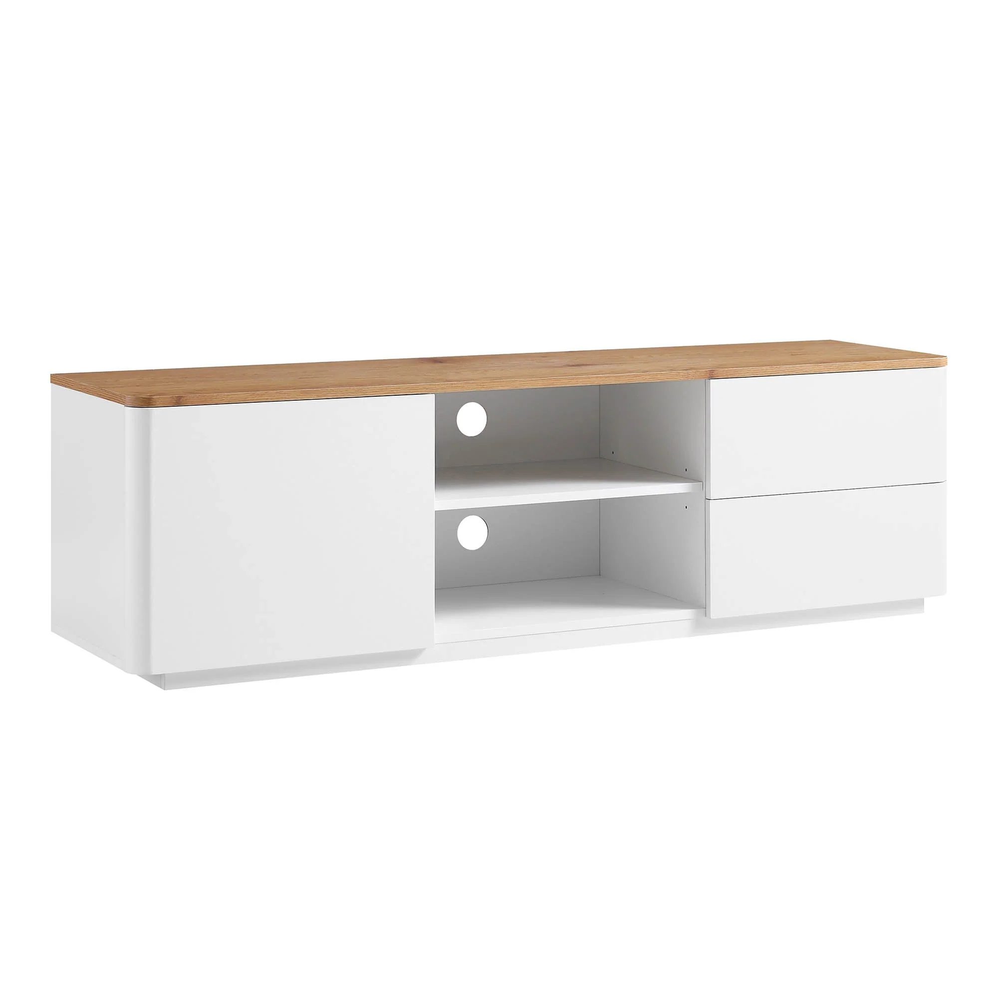 Curved Edge 59in. Wide TV Unit, Off White with Oak Top
