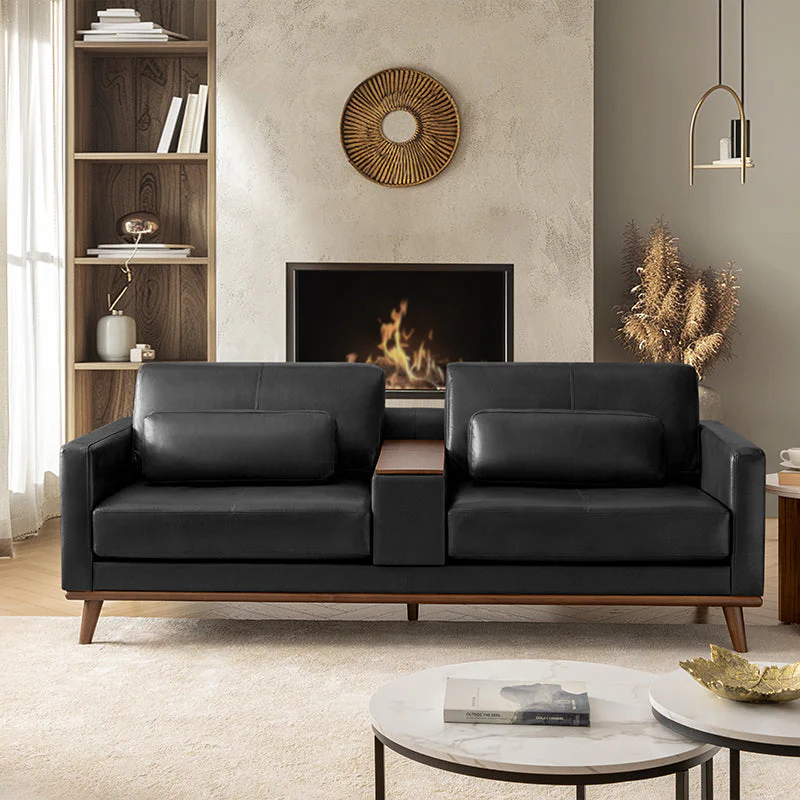 Genuine Leather Sofa with Removable Headrest, Movable Storage Ottoman, Built-in USB Ports & Rubberwood Legs | Camel / Black | 2-Seater