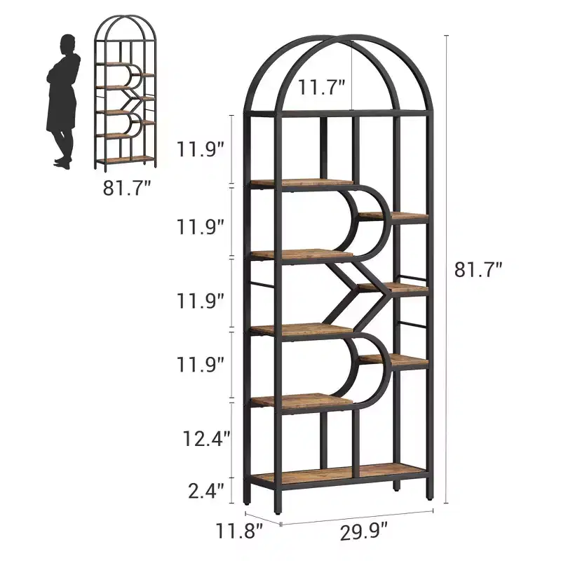 Coolmee 6-Tier Open Arched Bookshelf, 81.7 Tall Geometric Metal Frame Bookcase, Large Storage Display Shelf for Bedroom, Living Room, Office