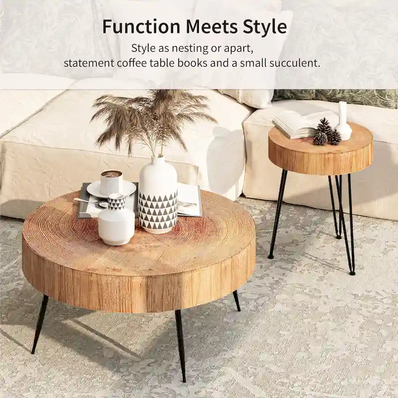 Rustic Cylindrical Wood Veneer Coffee Table – Natural / White / Light Red & Natural