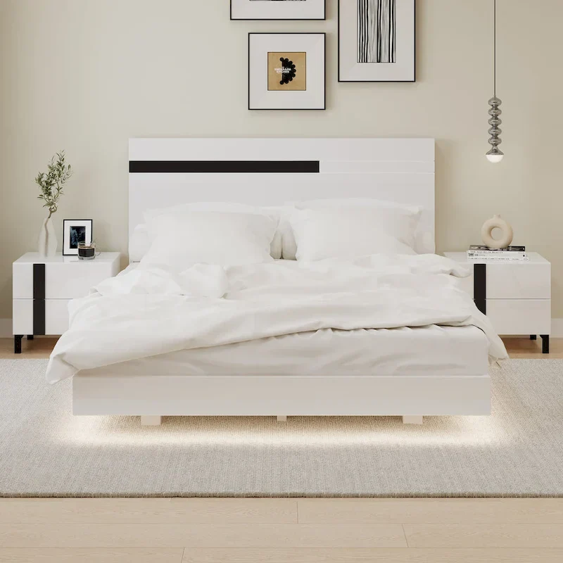 Modern 3-Piece Bedroom Set, Queen Size Platform Bed, Floating Bed Frame with LED Light & 2 Nightstands with Metal Legs