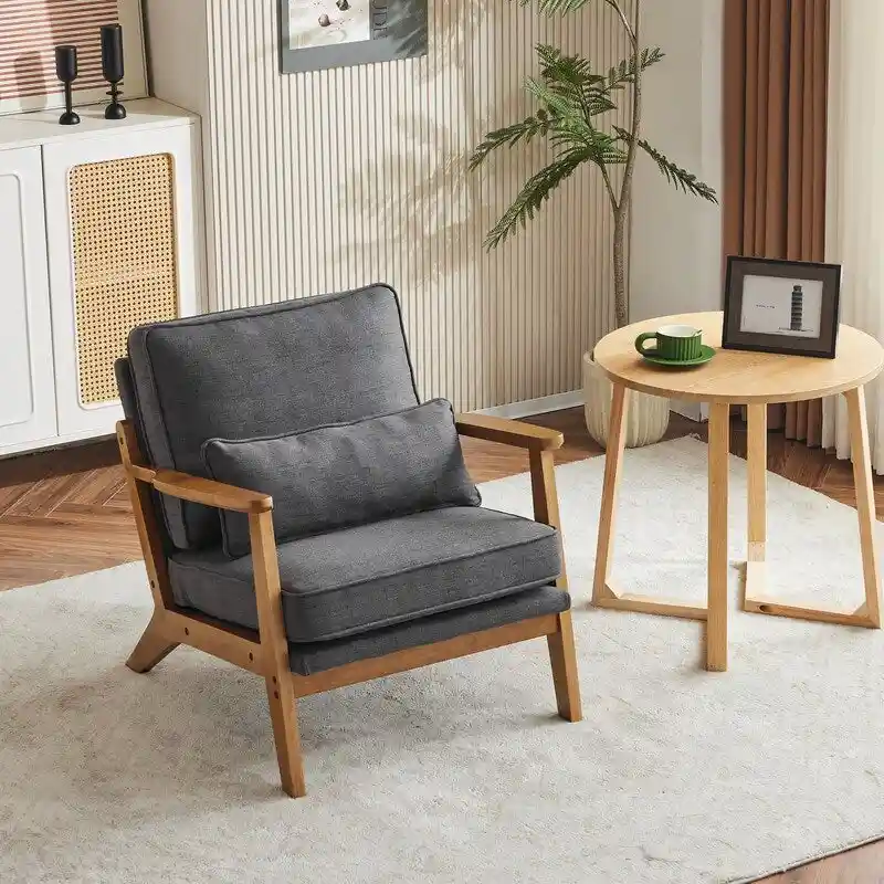 Upholstered Linen Blend Accent Chair with Wooden Legs and Pillow, Beige