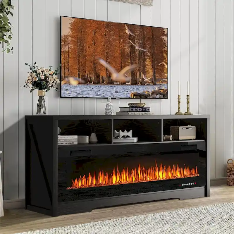 BOSSIN Fireplace 65 TV Stand for TVs Up to 75 TV with 60 Electric Fireplace,Entertainment Center with Open Shelve Storage
