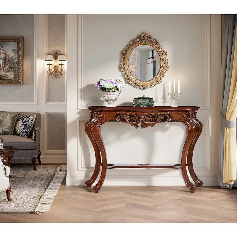 Walnut Two-Tier Carved Console Table with Lower Shelf